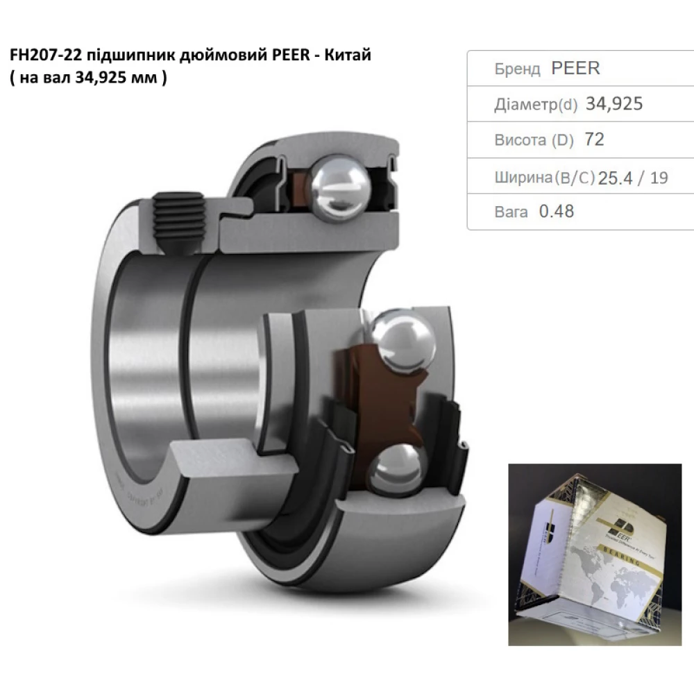 FH207-22 підшипник дюймовий PEER - Китай ( на вал 34,925 мм )