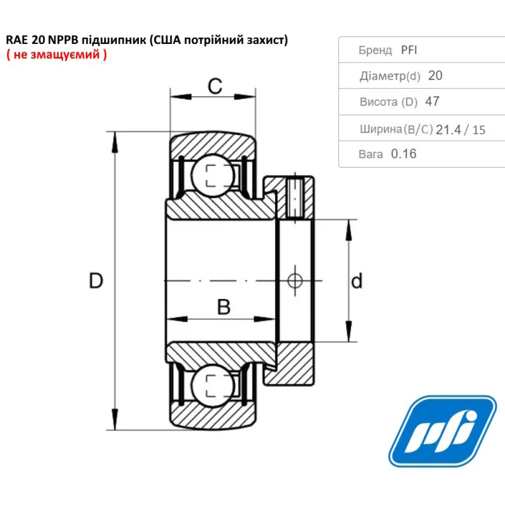 RAE 20 NPPB підшипник PFI-США (не змащуємий - з посиленим захистом)
