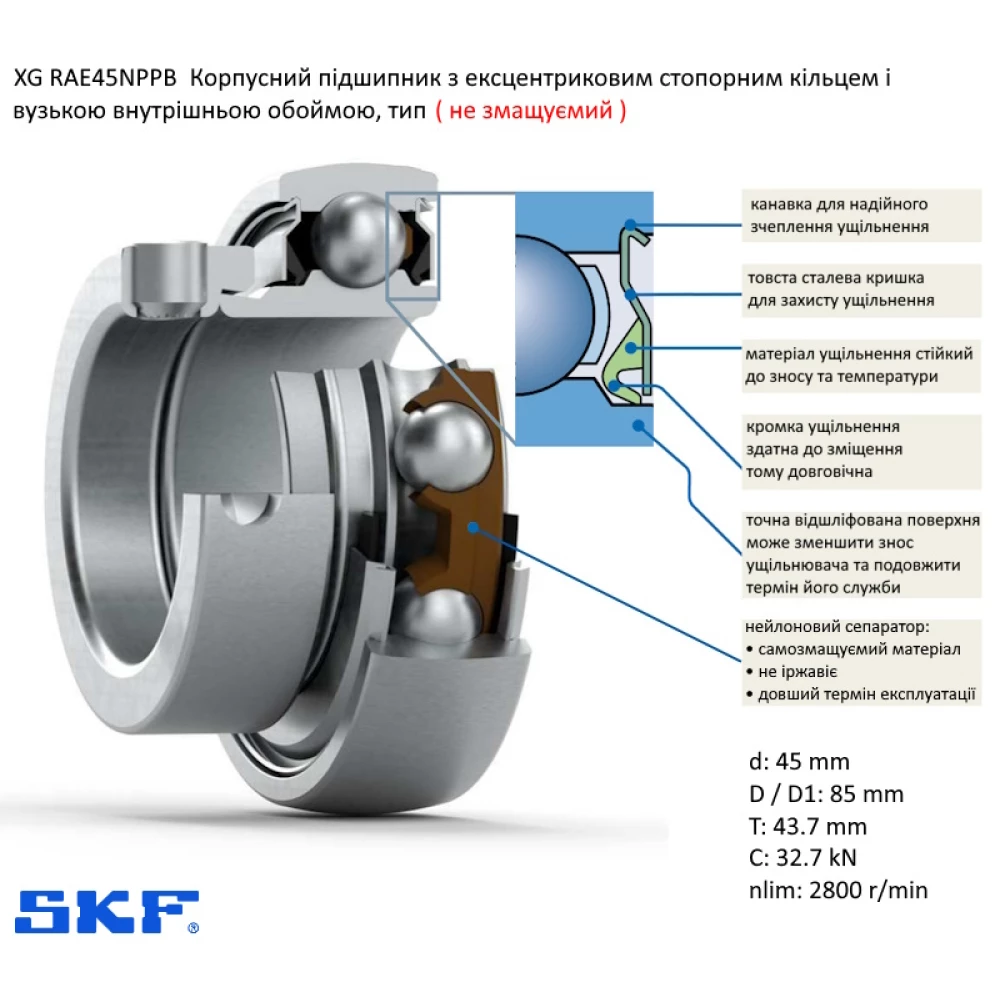 RAE45NPPB підшипник SKF (не змащуємий) 45х85х43,8
