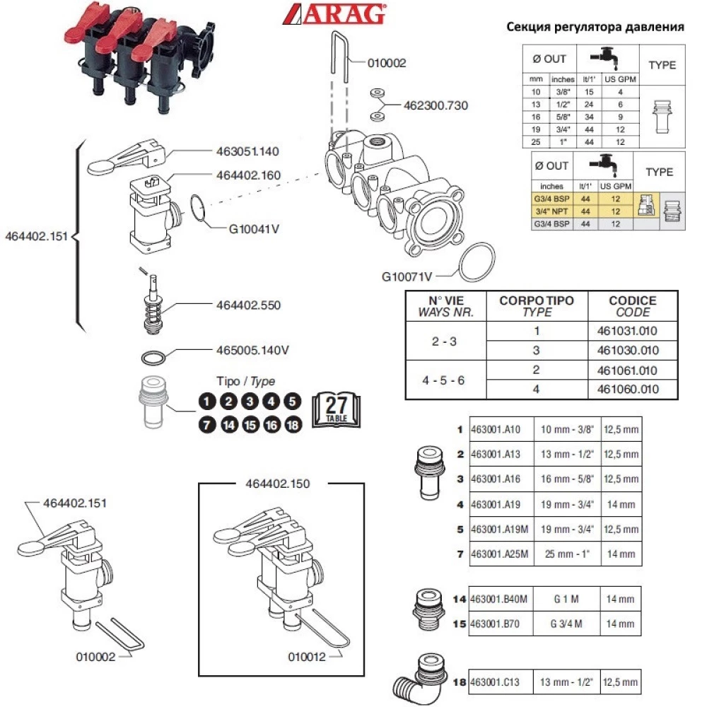 Клапан секції регулятора тиску ARAG 464402.151 (з бічним кріпленням)